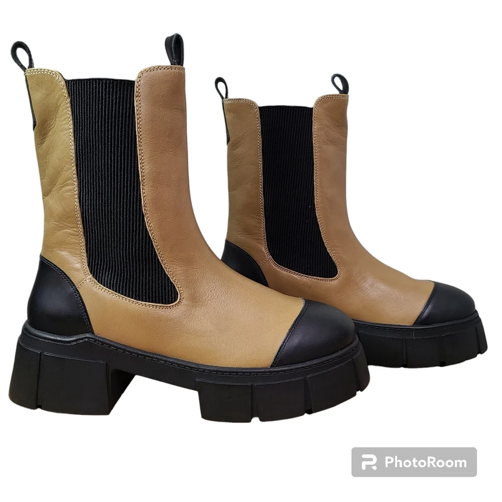 NEW FREE PEOPLE Size 10 Maren Tan Leather Chunky Utility Platform Chelsea Boots